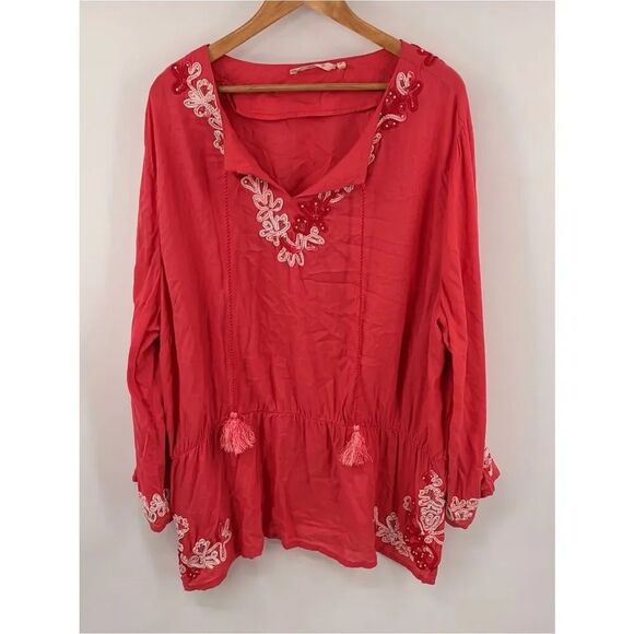 Soft Surroundings Tops - Soft Surroundings coral floral crush embroidered tassel tunic blouse women’s 3X